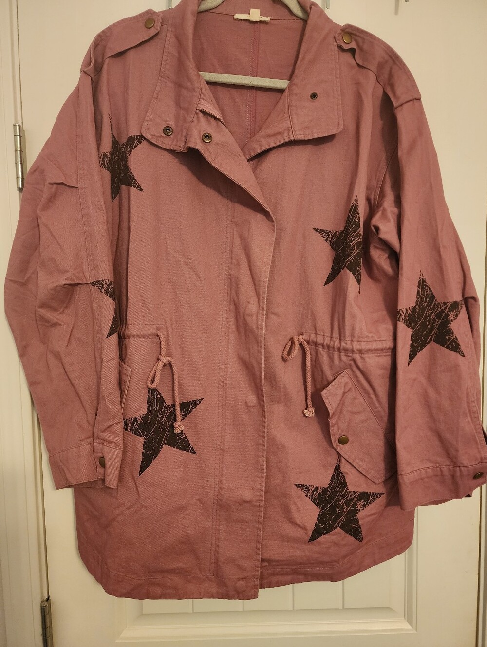Oddi 2X Plum Pink Cotton Utility Jacket Black Stars All Cotton Boho Graphics